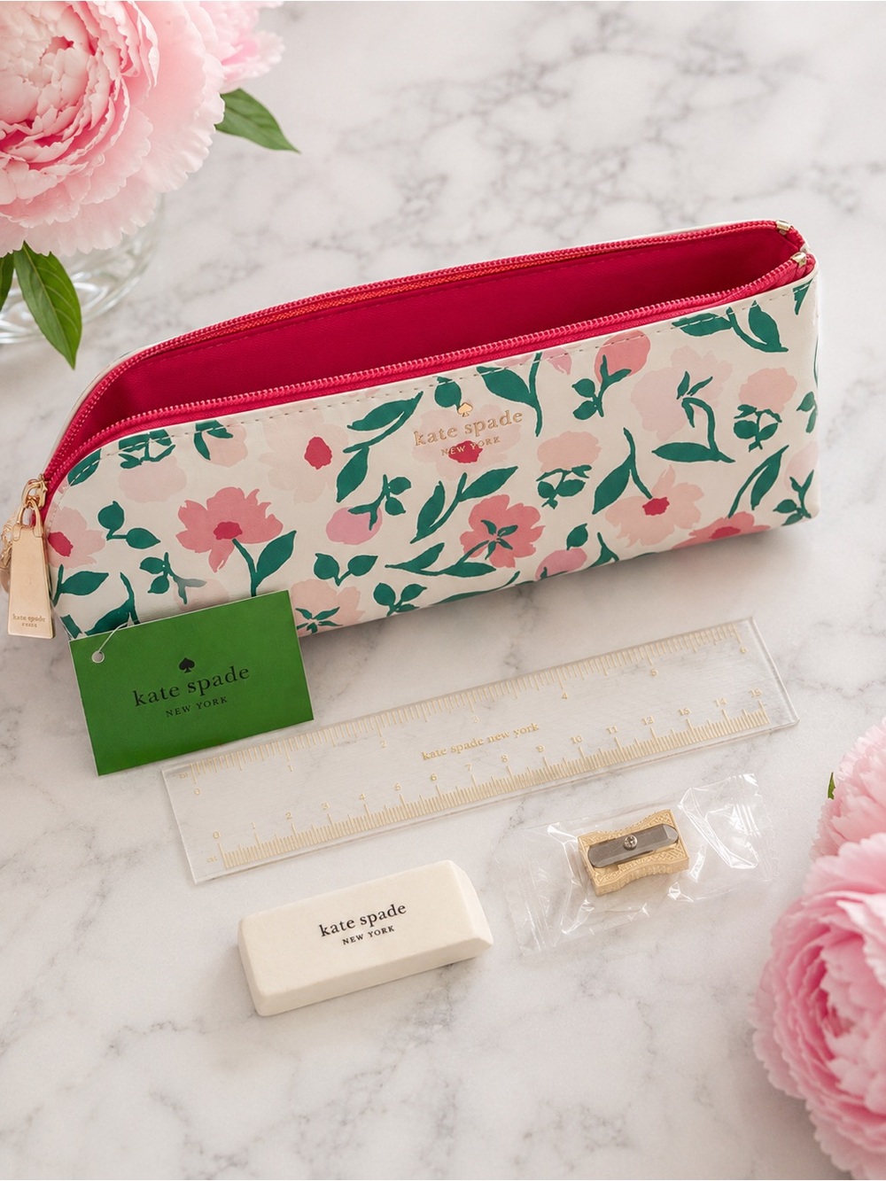 Kate Spade ♠️ Floral Pencil Case Ruler Eraser Sharpener Set NWT - Picture 3 of 6